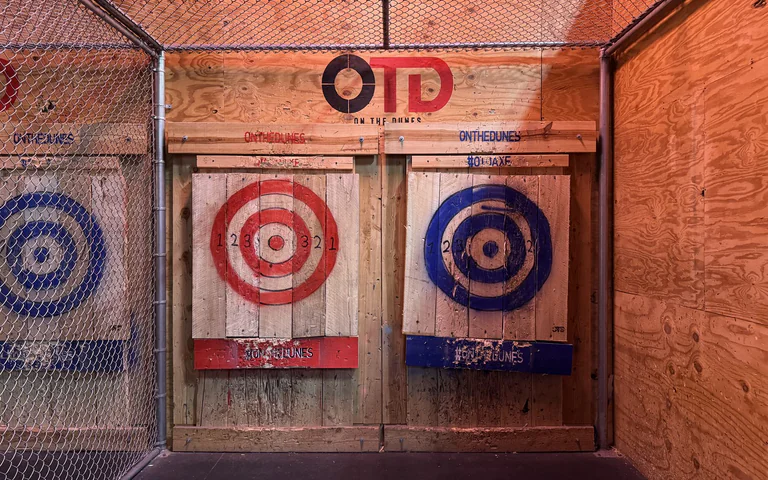 Close view of axe throwing targets at On The Dunes Sports
