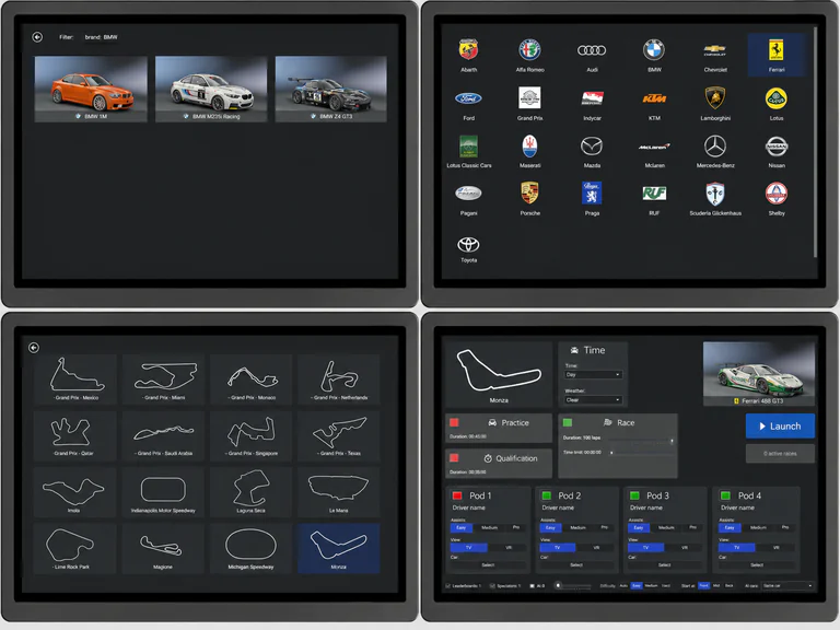 Four-screen kiosk control interface for selecting cars tracks race modes and simulator pods
