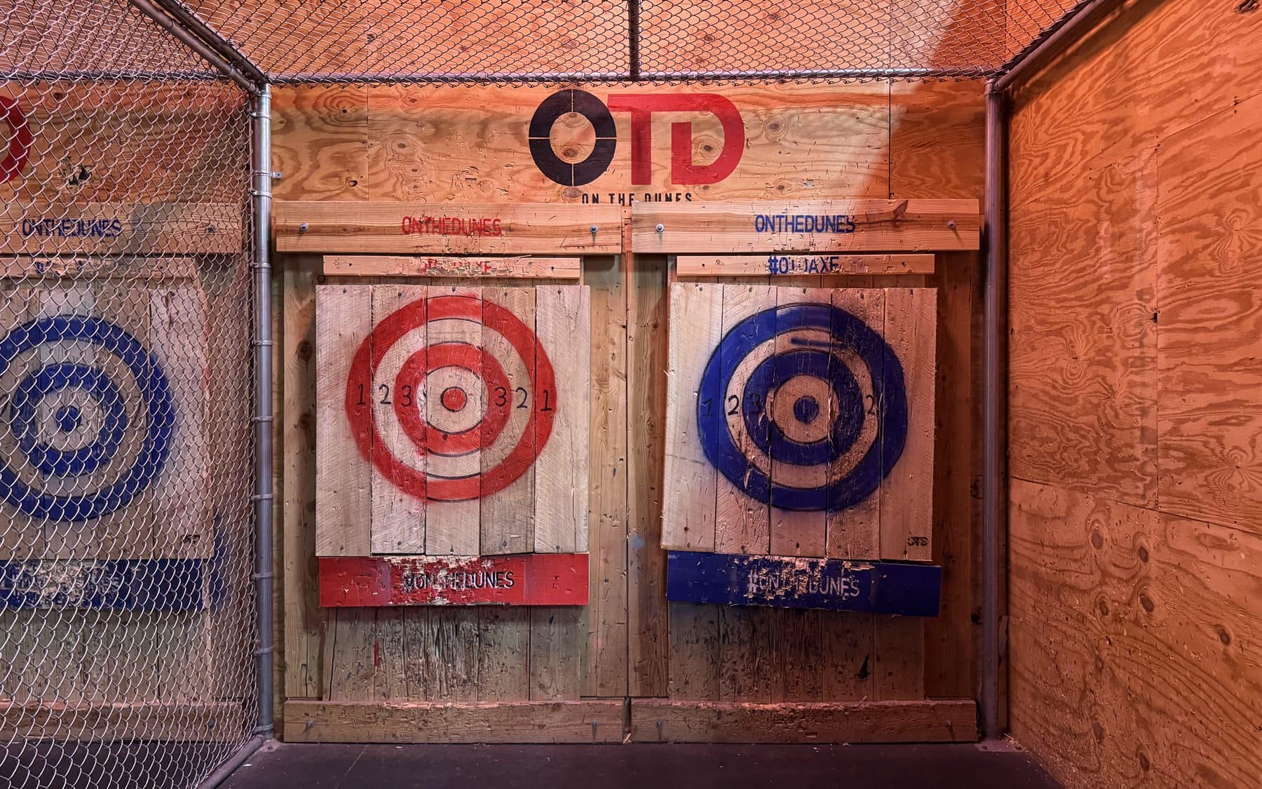 Close view of axe throwing targets at On The Dunes Sports